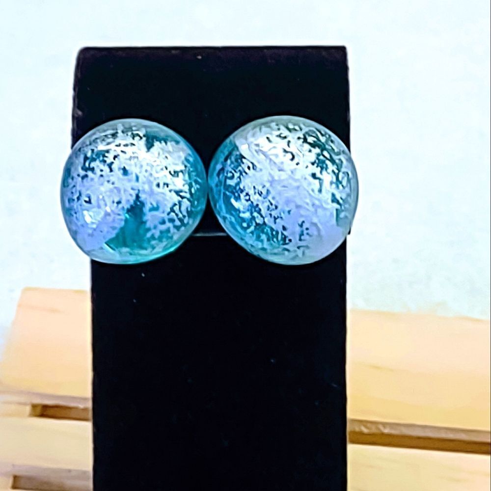 SILVER PAINT SPONGED AQUAMARINE GLASS STAINLESS STEEL POST EARRINGS